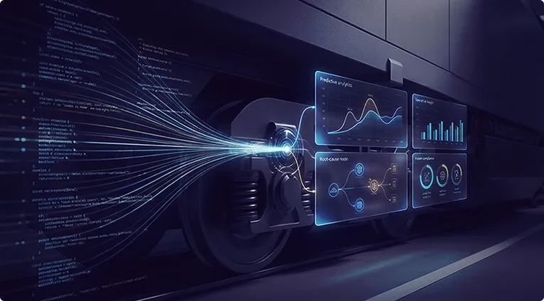 Train wheel assembly with data analytics dashboards showing braking performance metrics