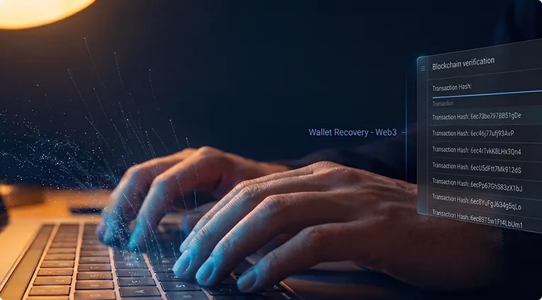 Developer working on blockchain wallet recovery with transaction verification display