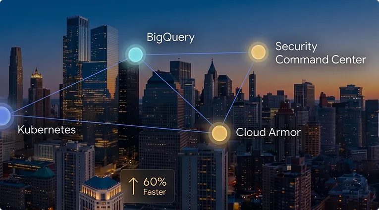 City skyline with cloud architecture diagram showing BigQuery, Kubernetes, and Cloud Armor components